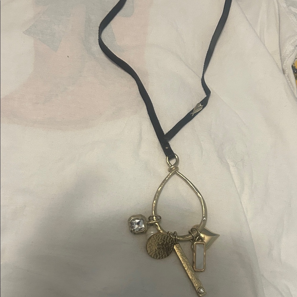 Chico's Black Strap Necklace with Gold Charms and Crystal Accent